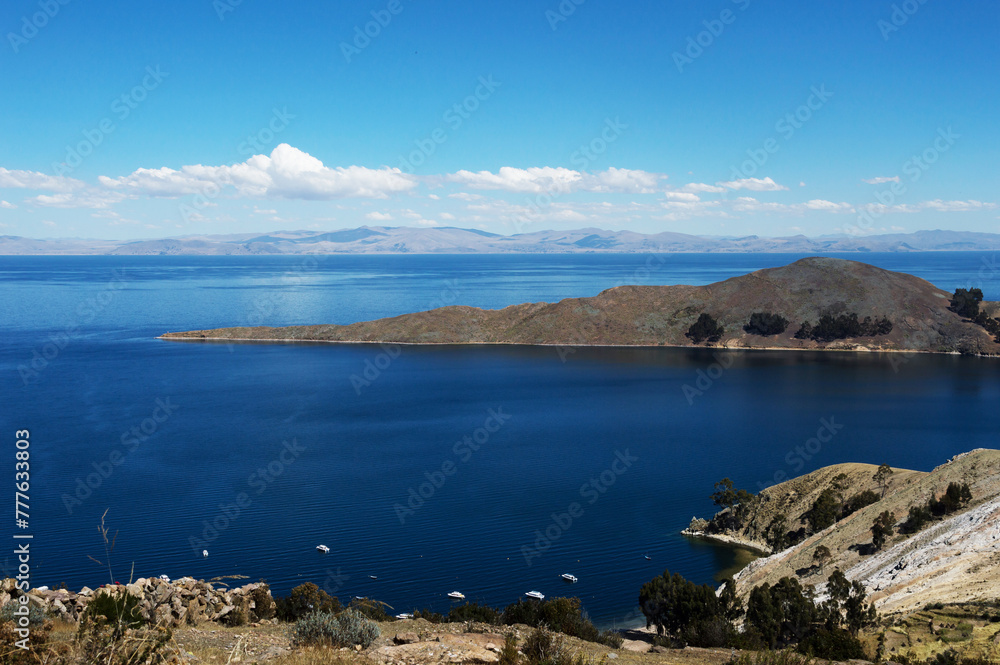 scenery of islands and mountains in the Island of the Sun region on Lake Titicaca