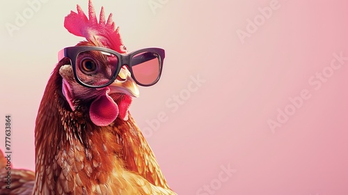 A playful and colorful photograph , showcasing a chicken hen with vibrant sunglasses against a vivid pastel background, exuding a sense of fun and eccentricity generative ai images