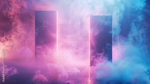 Blurred smoky pink and blue neon lighting showcase display background for futuristic goods and products