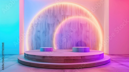 Pink and blue wooden round double circle neon lighting showcase display background for futuristic goods and products