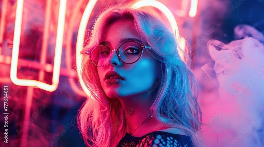 Amidst the surreal ambiance of neon lights and billowing smoke, a trendy young girl with blond hair and glasses exudes confidence, real photo, stock photography ai generative high quality images Amidst the surreal ambiance of neon lights and billowing smoke, a trendy young girl with blond hair and glasses exudes confidence, real photo, stock photography ai generative high quality images