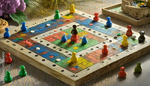 a nostalgic scene featuring a colorful Ludo board and game pieces, evoking fond memories of childhood and timeless fun