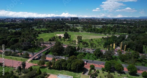 Bogota, Colombia. Aerial View of Simon Bolivar Park and Virgilio Barco Library on Sunny Day, Drone Shot photo