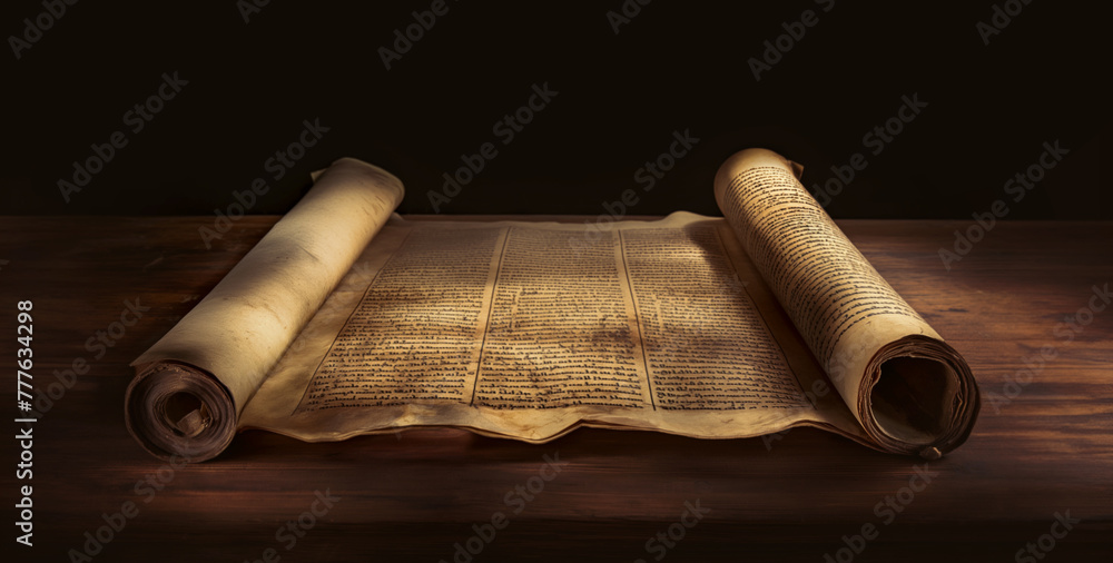 Divine Manuscript. A rolled parchment, bearing the sacred text of the Torah or Pentateuch, lies open on wood, showcasing holy scriptures in Judaism or Christianity, etched on aged parchment. Divine Manuscript. A rolled parchment, bearing the sacred text of the Torah or Pentateuch, lies open on wood, showcasing holy scriptures in Judaism or Christianity, etched on aged parchment.
