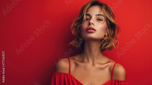 A stunning girl casting a glance sideways, headphones adorning her head, against a minimalist solid-colored background, real photo, stock photography generative ai image