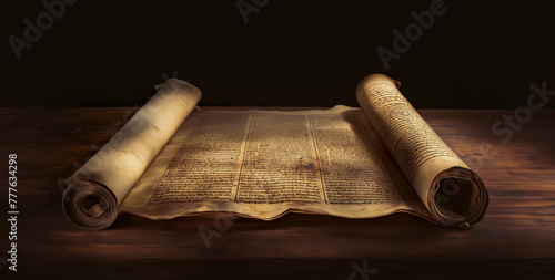Divine Manuscript. A rolled parchment, bearing the sacred text of the Torah or Pentateuch, lies open on wood, showcasing holy scriptures in Judaism or Christianity, etched on aged parchment.