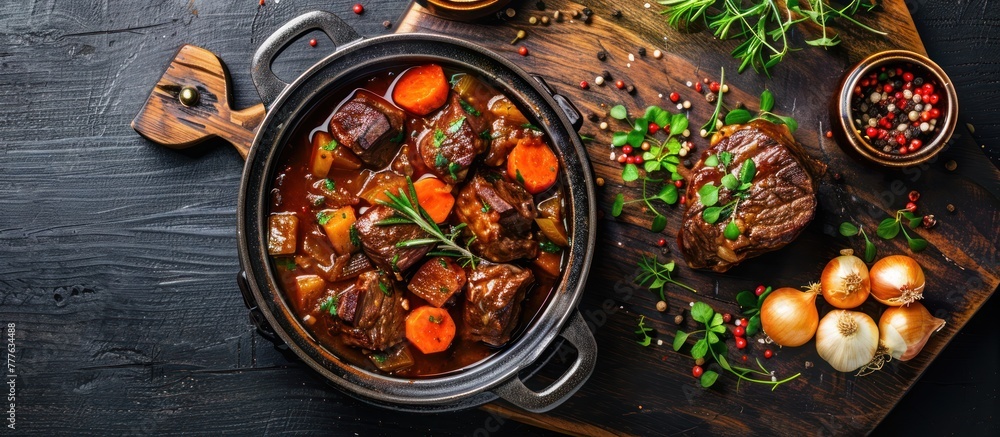 A pot filled with German style braised beef cheeks in a rich red wine sauce, cooked with tender carrots and onions.