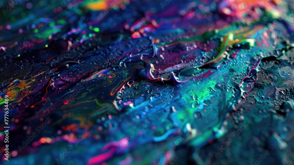 A macro view of a multicolored abstract painting with a focus on the texture. The surface shows a blend of dripped and splattered paint, creating a chaotic yet harmonious composition. 