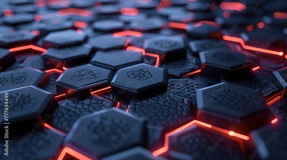 A 3D illustration of dark hexagonal shapes with glowing edges, presenting a futuristic vibe, abstract render generative ai images A 3D illustration of dark hexagonal shapes with glowing edges, presenting a futuristic vibe, abstract render generative ai images