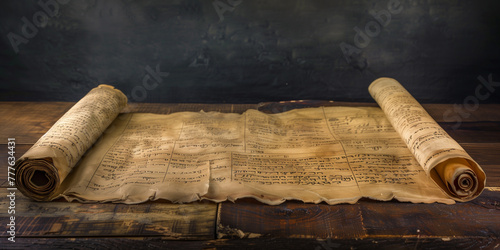 Opened unrolled scroll on a wood surface. The Torah, also known as the Pentateuch. Holy Bible. Judaism or Christian. With holy scriptures written on the cream old worn paper parchment. Dark background photo