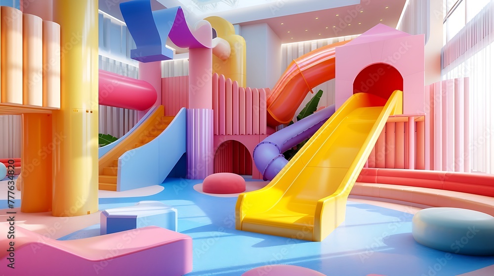 visual representation of a state-of-the-art indoor play zone for children, showcasing a vibrant slide within a kindergarten area, leaving room for text or design elements attractive look