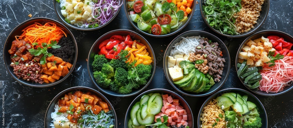 A bunch of bowls filled with a variety of delicious and colorful foods, showcasing a range of textures and flavors. A bunch of bowls filled with a variety of delicious and colorful foods, showcasing a range of textures and flavors.