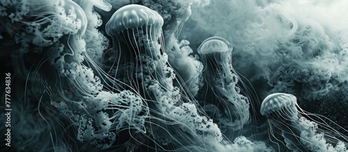 A group of jellyfish with translucent bodies gracefully drifts in the ocean water.