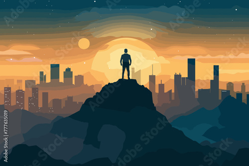 Visionary businessman standing on mountain top, looking at city skyline, symbolizing leadership, ambition, success and achievement