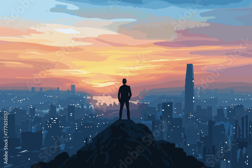 Visionary businessman standing on mountain top, looking at city skyline, symbolizing leadership, ambition, success and achievement photo