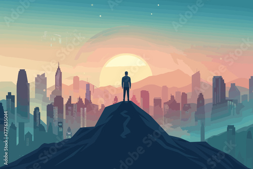 Visionary businessman standing on mountain top, looking at city skyline, symbolizing leadership, ambition, success and achievement