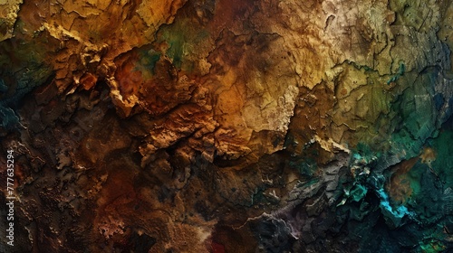 A macro shot of an abstract painting with a rich, earthy texture. The colors include deep browns, ochres, and umbers, with hints of vibrant green  photo