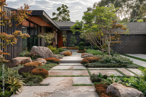 Design an Australian front yard with native plants, large boulders and textured surfaces for the Eichler house in Melbourne Australia. Created with Ai © Creative Stock 