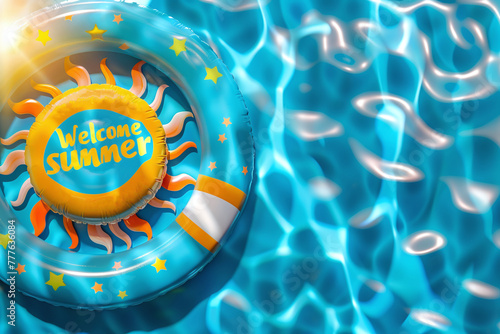 Yellow inflatable ring in the water in the form of a sun and the inscription Welcome Summer, a welcome background of the beginning of summer with a place for text