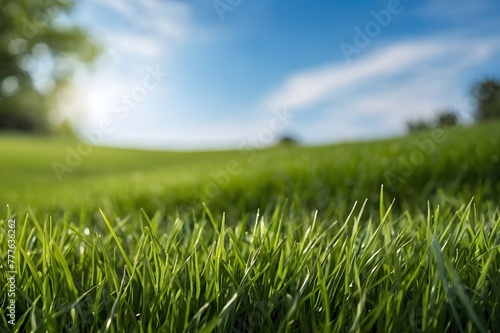 green grass and blue sky ,Grass Close Up Lush Green A Natural Background , versatile artificial green grass, beautiful scene of blur sky below greenery