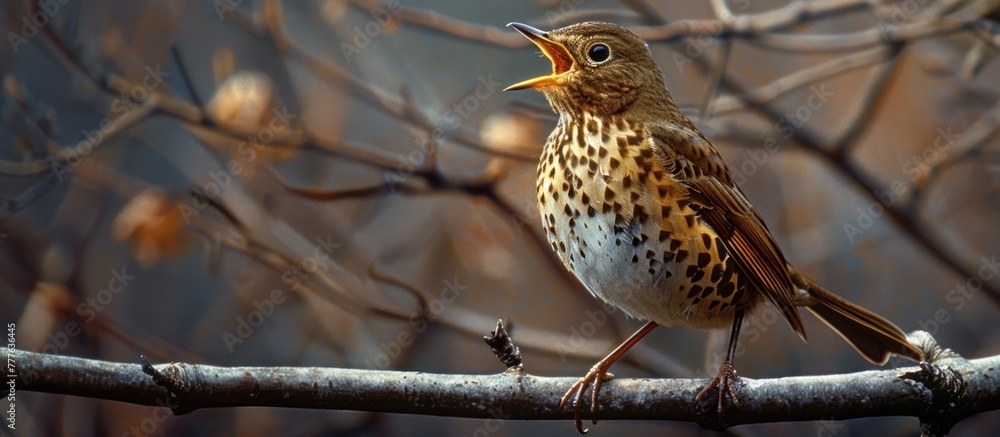 A brown and white Song Thrush bird perched on top of a tree branch. A brown and white Song Thrush bird perched on top of a tree branch.