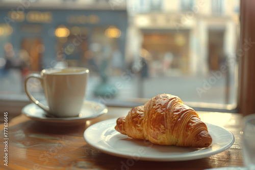 A croissant is on a plate next to a cup of coffee