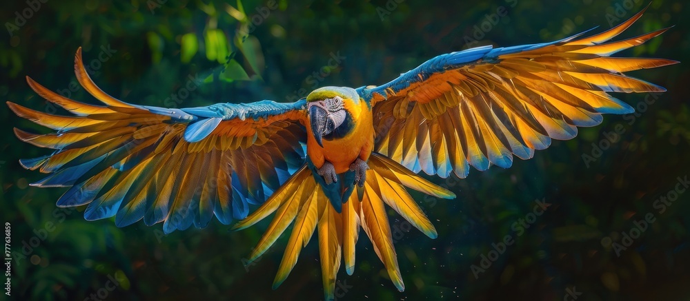 An adult Blue and Yellow Macaw parrot, scientifically known as Ara ararauna, soaring through the air with vibrant feathers on full display. An adult Blue and Yellow Macaw parrot, scientifically known as Ara ararauna, soaring through the air with vibrant feathers on full display.
