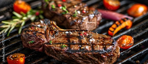 Two juicy beef steaks cooking on a hot grill, sizzling and searing to perfection.