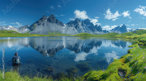 Stokksashrenir mountain range with reflecting lake and wildflowers in Iceland. Created with Ai