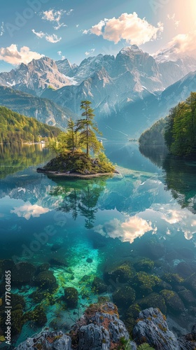 Mountains and islands in the middle of a lake
