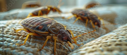 A group of bed bugs can be seen crawling on a bed  showing their presence in a household environment.