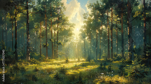 A beautiful forest scene with sunlight filtering through the trees, creating an enchanting and serene atmosphere. Created with Ai