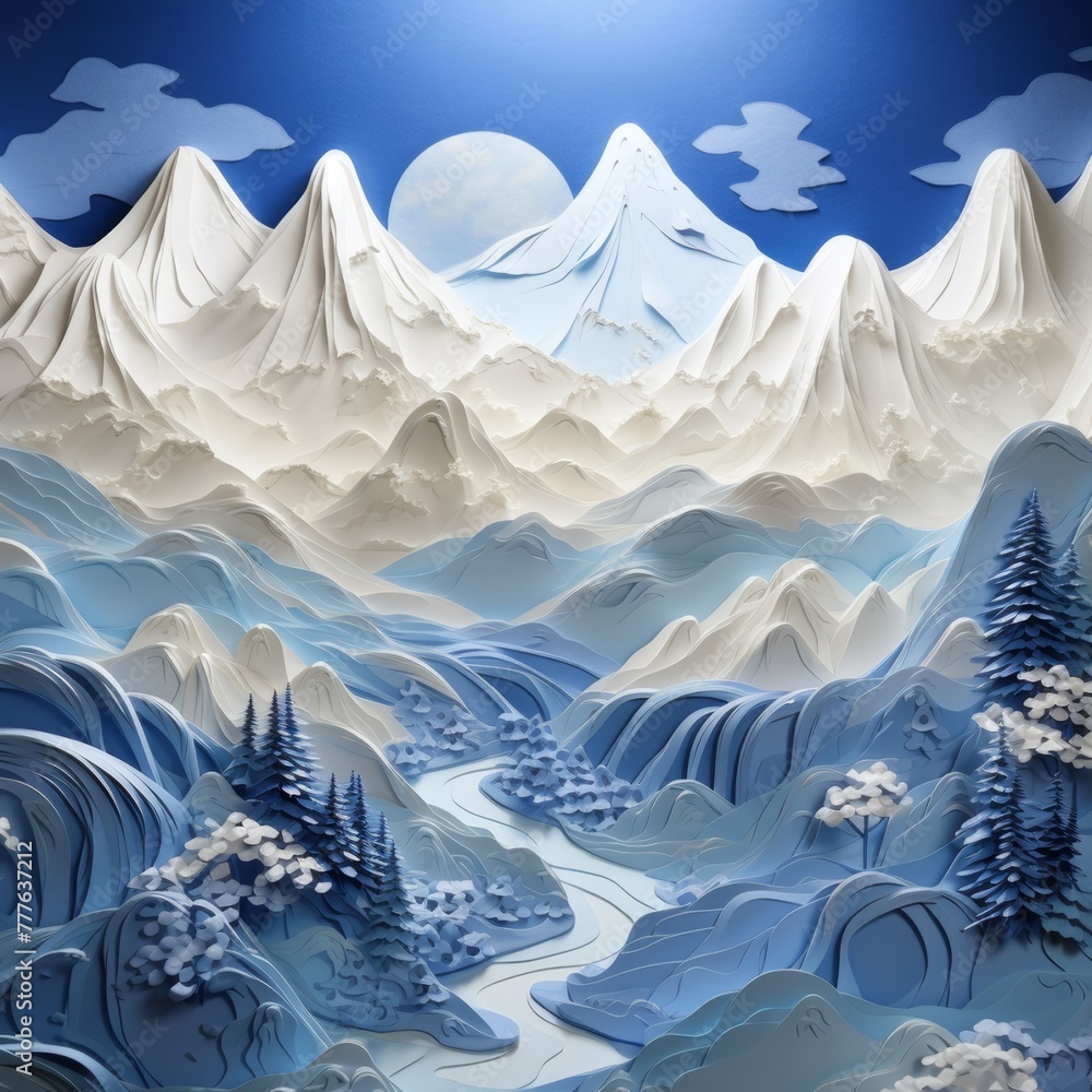 picture of snow-capped mountain peaks on cardboard made in quilling style