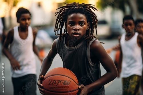 a dark-skinned boy with dreadlocks plays basketball on the street in a poor neighborhood © Kate