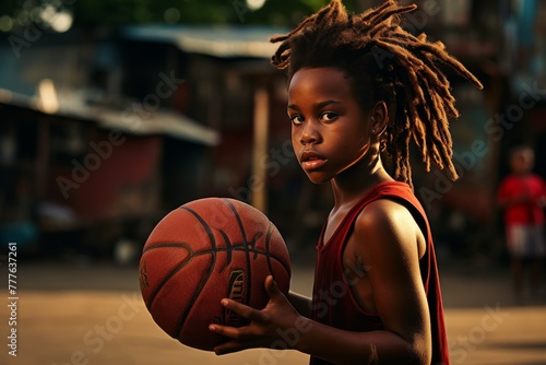 a dark-skinned boy with dreadlocks plays basketball on the street in a poor neighborhood
