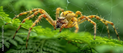 A detailed view of a spider diligently spinning a web on a leaf in a macro shot, showcasing the intricate process of silk production. © FryArt