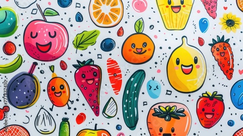 A whimsical, hand-drawn nutrition diary with food doodles and mood icons, marked by colorful bookmarks symbolizing emotions photo