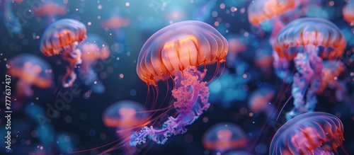 A group of jellyfish gracefully floating in the ocean. Their translucent bodies create a mesmerizing sight as they move together through the water.