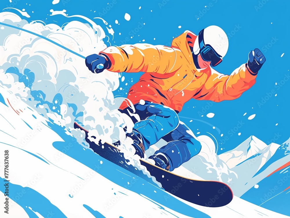 A snowboarder carves down a pristine slope, snow swirling in the wake of their adventurous descent,