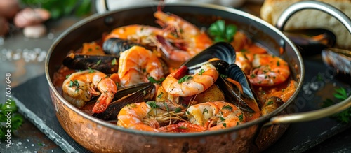A traditional copper pan filled with succulent shrimp and plump mussels, resting on a wooden table.
