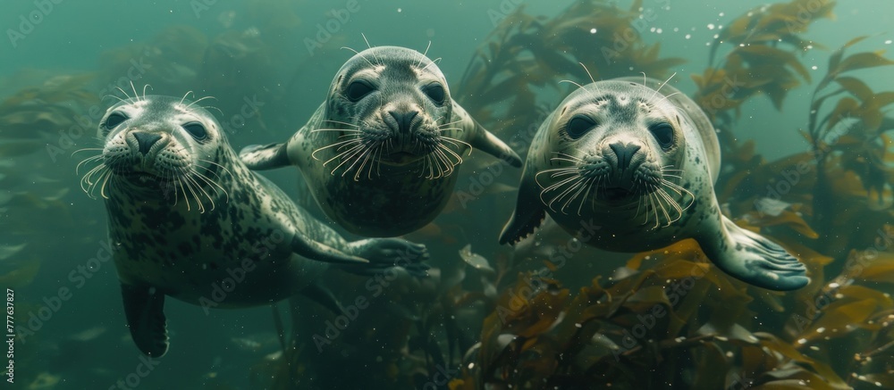 Fototapeta premium sea lions swim gracefully in the ocean waters, showcasing their agility and elegance as they move through the waves.