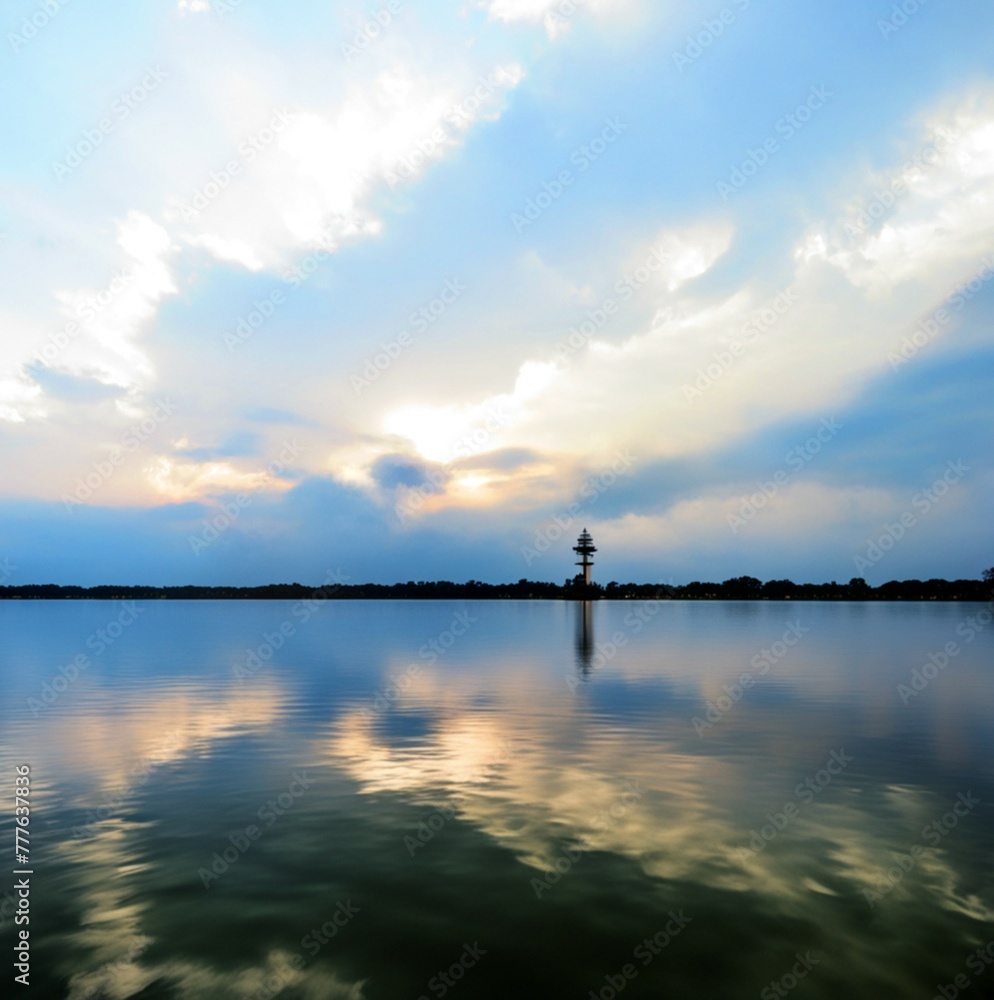 Obraz premium Tranquil lake reflecting the cloudy sky. Lake Conroe, Texas