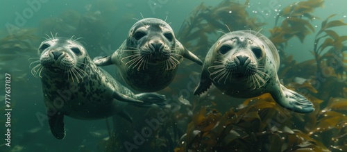 sea lions swim gracefully in the ocean waters, showcasing their agility and elegance as they move through the waves. © FryArt Studio