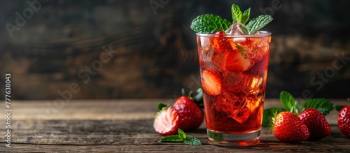 A glass filled with ice cubes and juicy strawberries sits on a wooden table.