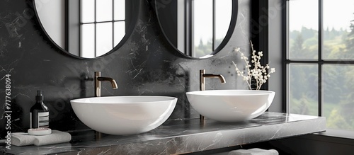 Two white bowls placed on top of a modern counter in a luxurious marble bathroom. © FryArt Studio