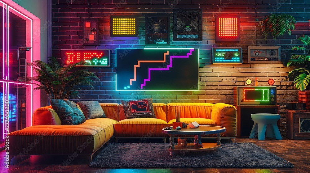 Retro video game-themed living room with pixel art accents and a vibrant electric black wall background / AI-generated 3D render attractive look