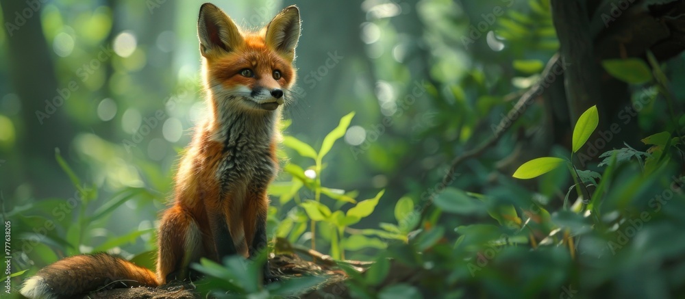 A red fox pup sitting calmly in the center of a dense forest, surrounded by trees and foliage. A red fox pup sitting calmly in the center of a dense forest, surrounded by trees and foliage.