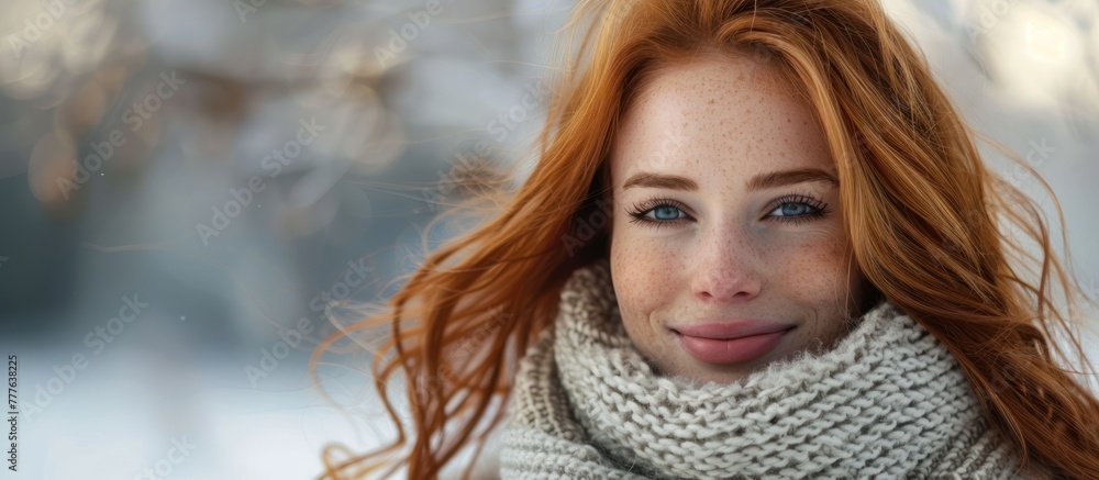 A European woman with long red hair smiling while wearing a colorful scarf. A European woman with long red hair smiling while wearing a colorful scarf.