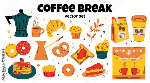 Coffee Break vector illustration set in cartoon style. Collection of different elements: coffee machine, espresso, cappuccino, latte, toast, pancakes, croissant, pretzel, donuts for cafe, shop to go