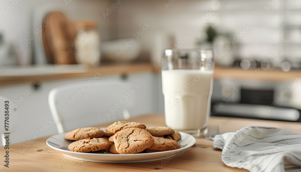 Plate with cookies and glass of milk on table in modern kitchen Plate with cookies and glass of milk on table in modern kitchen
